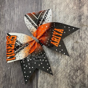 Competition Cheer Bow – Orange Glitter Cheer Bow with Rhinestones – Bling Hair Bow for Cheerleaders – Custom Team Bow