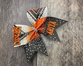 Competition Cheer Bow – Orange Glitter Cheer Bow with Rhinestones – Bling Hair Bow for Cheerleaders – Custom Team Bow