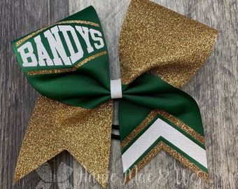 Cheer bow - Your choice of ribbon and 1 glitter color - White is default second glitter color - Forest Green, Gold, Vegas Gold, White