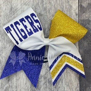 Custom Cheer Bows – White Game Day Hair Bows with 2 Glitter Color Options – Team Bulk Order – Senior Night or Competition Gift