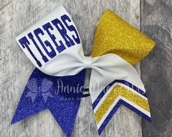 Custom Cheer Bows – White Game Day Hair Bows with 2 Glitter Color Options – Team Bulk Order – Senior Night or Competition Gift