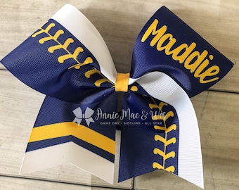 Royal blue and yellow gold team softball bows - Navy blue softball bows