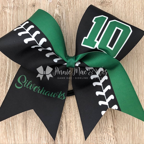 Softball team cheer bow - your choice of colors - black and green - gold and purple - orange and gray - red and columbia blue