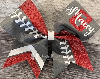 Softball Bow - Your choice of ribbon and one glitter color. Laces will be white glitter
