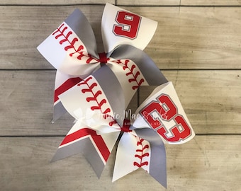 Softball bow - red and gray softball cheer bow - team cheer bow - team cheer bows - softball bows - senior cheer bows
