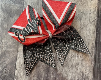 Custom Logo Cheer Bows - Your choice of 2 colors with white accents and crystal rhinestones
