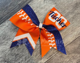 Softball Bow - Your choice of ribbon and one glitter color. Laces will be white glitter