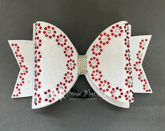Custom Dolly Cheer Bows - white glitter red rhinestones - Competition Cheer Bows