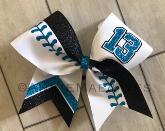 Team Softball Bows - White bow with your choice of 2 glitter colors - Black, blue, red, orange, green, gold, silver, pink, purple, aqua
