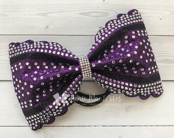 Scalloped Cheer Bow - Tailless Scalloped Cheer Bow - Black Rhinestone Cheer Bow - Black and Purple  Cheer Bow - Competition Bow