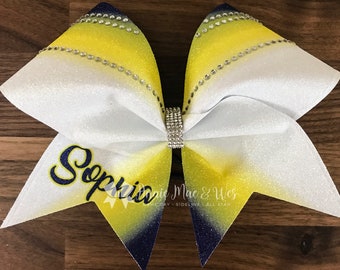 Blue and gold cheer bows - white, royal and yellow softball cheer bow - team cheer bow - team cheer bows - softball bows - senior cheer bows