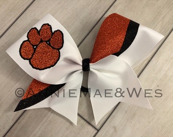 Cheer Bow - White bow with Paw print - your choice of 2 glitter colors