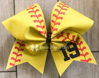 Softball team cheer bow - neon yellow and red softball cheer bow - team cheer bow - team cheer bows - softball bows - senior cheer bows