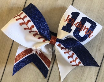 Orange and Navy Glitter Softball Bow - softball bows - orange and Navy Blue - navy blue and orange