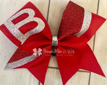 Red Cheer Bows - Red Cheer Bows - Red and Silver Cheer Bow - Red and Silver Cheer bows - glitter cheer bows - softball bows - softball bow
