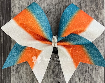 Cheer Bow - Glitter Ombre Cheer Bow - Dolphins - Aqua and Orange - Glitter
