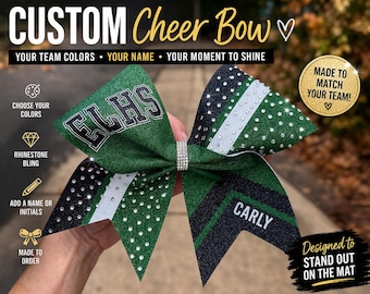 Custom Glitter Cheer Bow with Rhinestones – Personalized Team Name Competition Accessory