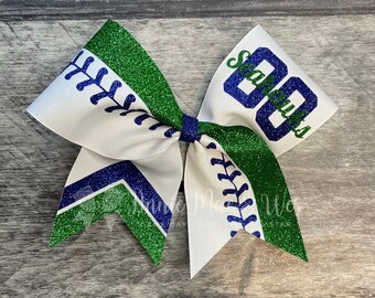 Softball Bow -Grass and Sapphire Blue Glitter - softball bows - softball bows