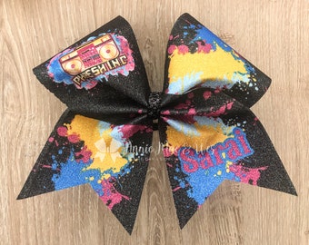 Custom Cheer bow Paint splatter cheer bow - Monogrammed Paint Splatter cheer bow - black pink and blue cheer bow birthday cheer bows
