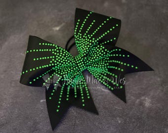 All Star Cheer Bow, Satin Tailless 8x4, Neon Fluorescent Rhinestones, Competition Practice, No Metal Elastic, Custom Team Colors