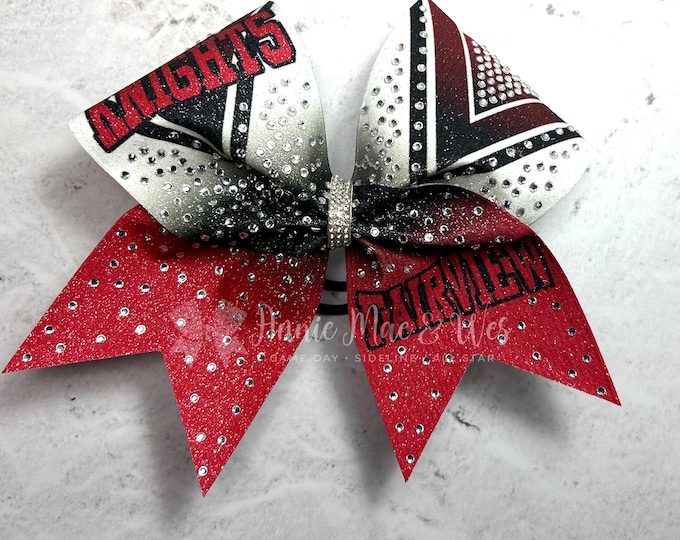 Featured listing image: Custom Cheer Bow with Rhinestones – Personalized Team Spirit Hair Bow – Glitter Cheerleading Bows for Girls