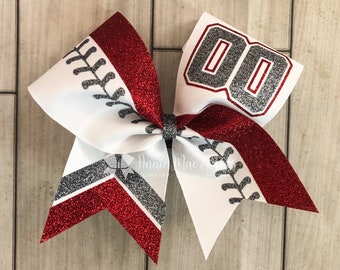 Softball Bow - Red and Black Silver glitter softball bow - softball cheer bow - team cheer bows - softball bows - senior cheer bows