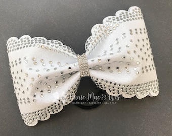 Tailless Scalloped Cheer Bow – White Glitter & Rhinestone Bow – Custom Competition Bow – Senior Night or Team Photo Accessory