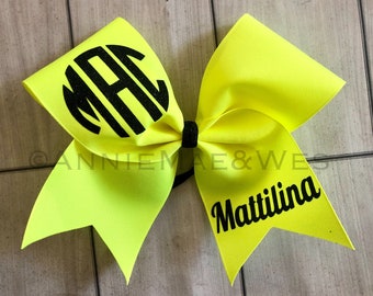 Neon Yellow Monogram Cheer Bow - Black Glitter Cheer Bow - Neon Yellow