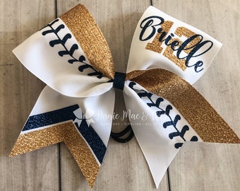 Softball team cheer bow - navy and old gold softball cheer bow - team cheer bow - team cheer bows - softball bows - red white and blue