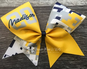 Softball bow - yellow navy gray - camo cheer bow - camo softball bow