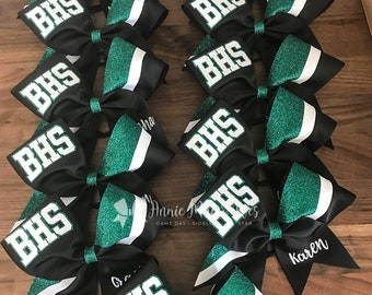 Black Cheer Bows - Team Cheer Bows - Emerald and White Cheer Bows - Personalized cheer bows - glitter cheer bows - sideline