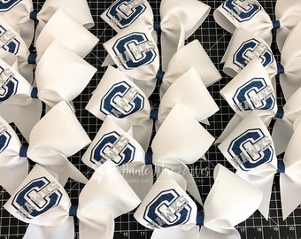 Custom Cheer Bows - White Navy and Silver Glitter Cheer Bows