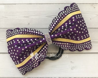 Scalloped Cheer Bow - Tailless Scalloped Cheer Bow - Black Rhinestone Cheer Bow - Yellow and Purple  Cheer Bow - Competition Bow