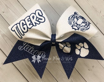 Tigers Cheer Bow - Navy Blue and White Cheer bow - Glitter Cheer Bow