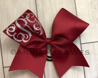 Personalized Cheer bow - maroon cheer bows - burgundy cheer bows - cardinal cheer bows - red cheer bows - silver glitter - monogrammed cheer