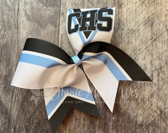 Custom White Cheer Bow – Choose 2 Team Colors – Glitter & Stripe Design – Senior Night, Spirit Wear, Competition Bow