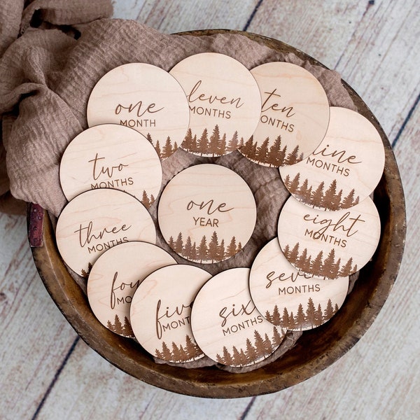 Forest Baby Milestone Signs, PNW Wooden Monthly Picture Props, Newborn Photos, Wood Disc, First Year, Fresh 48, Floral Birth Announcement