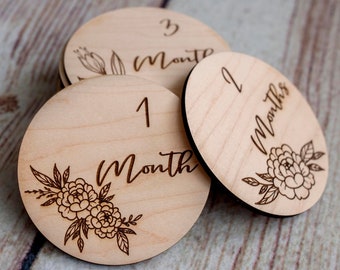 Peonies Baby Milestone Signs, Wooden Monthly Picture Props, Newborn Photos, Wood Disc, First Year, Fresh 48, Floral Birth Announcement