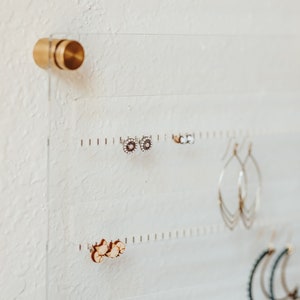 Modern Clear Acrylic Earring Storage with Stud and Dangling Earrings on display above a desk with house plant