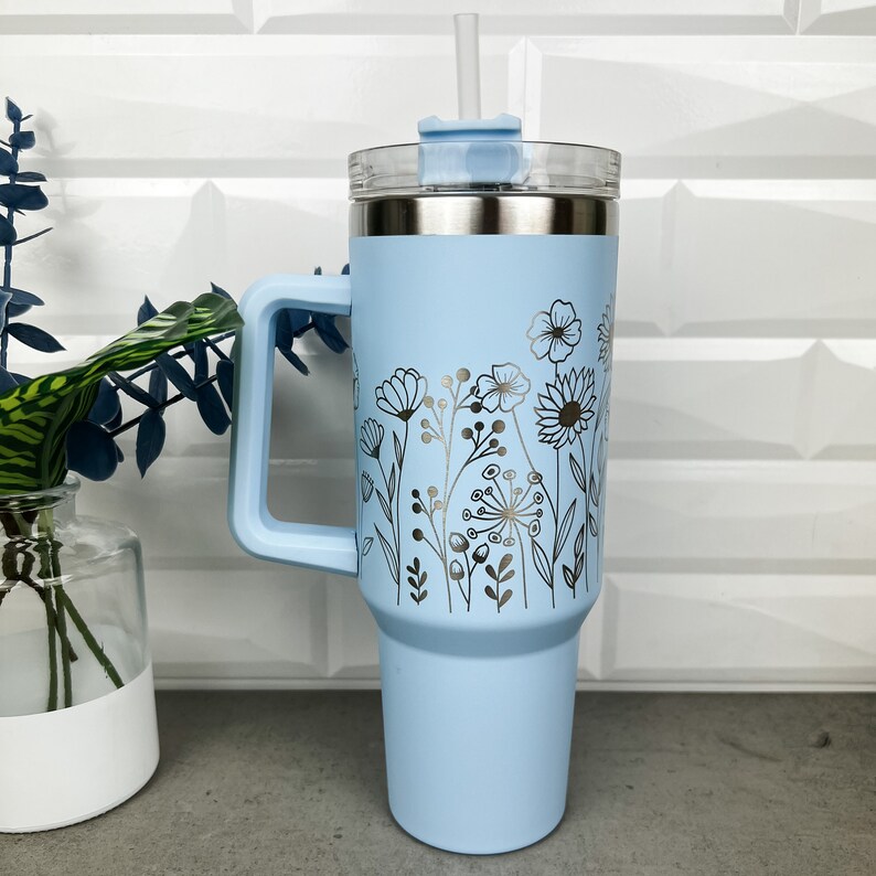 Floral Engraved 40 Oz Tumbler Etched Tumbler With Handle Etsy