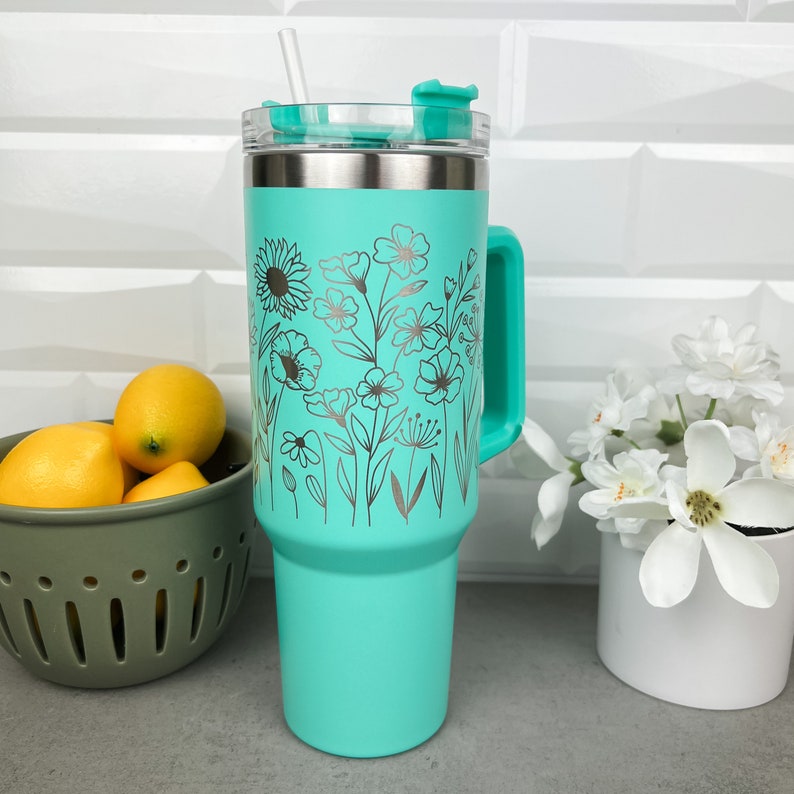 Floral Engraved 40 Oz Tumbler Etched Tumbler With Handle Etsy