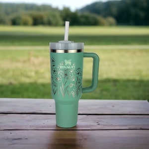 Floral Engraved 40 oz tumbler, Etched Tumbler with handle, Similar to Stanley quencher TikTok Cup, Mug with straw and handle, Gift for Her