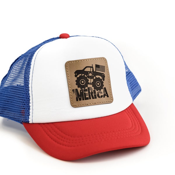 Merica Monster Truck Baseball Hat for Child, Patriotic Cap for Boys, Girls USA Vegan Leather Hat with Leatherette Patch