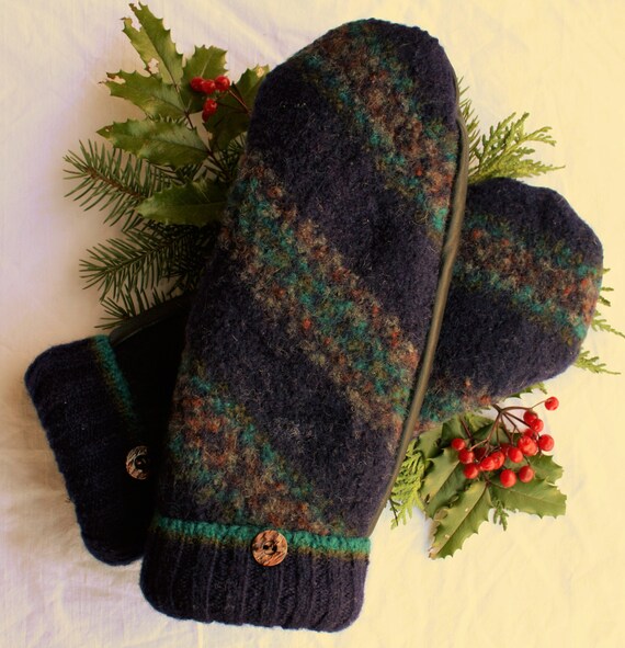 Navy/Teal/Rust Wool Mittens With Leather Palms Made From Etsy