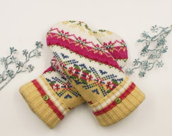 Traditional Style Multi-Colored Cotton Mittens For Wool Allergies or Warmer Climates Made From Recycled Sweaters - Medium