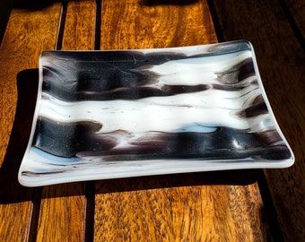 Black and White Handmade Fused Glass Soap Dish