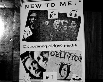 May include: Black and white zine titled "NEW TO ME:" featuring images of people, musical notes, stars, and headphones. The zine's title is above the text "Discovering old(er) media" and the number "#1". The cover includes a game cover.