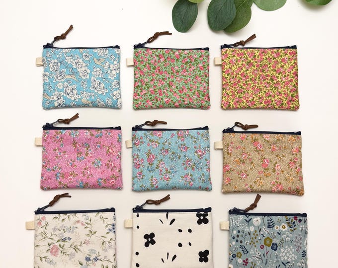 Handmade Floral Cotton Zipper Pouch: Mini Coin Purse (4.5” x 3.5”)