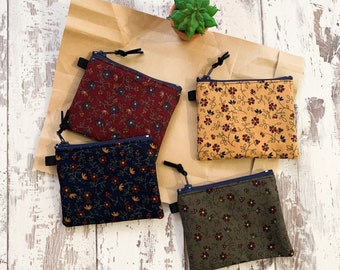 Handmade Cosmos Floral Cotton Coin Purse: Zipper Pouch (4.5” X 3.5”)