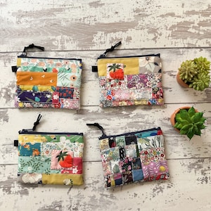 Handmade Patchwork Cotton Coin Purse: Floral Zipper Pouch (4.5” X 3.5”)